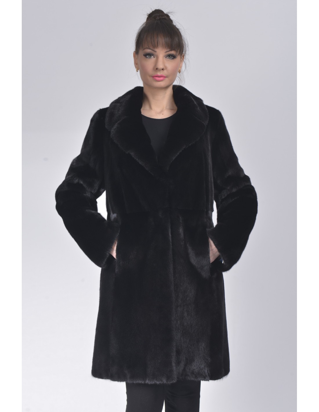 Black mink fur coat with lapel fur collar - SaintGermain Furs