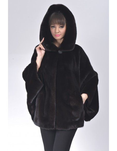 Oversized black mink jacket with hood front side
