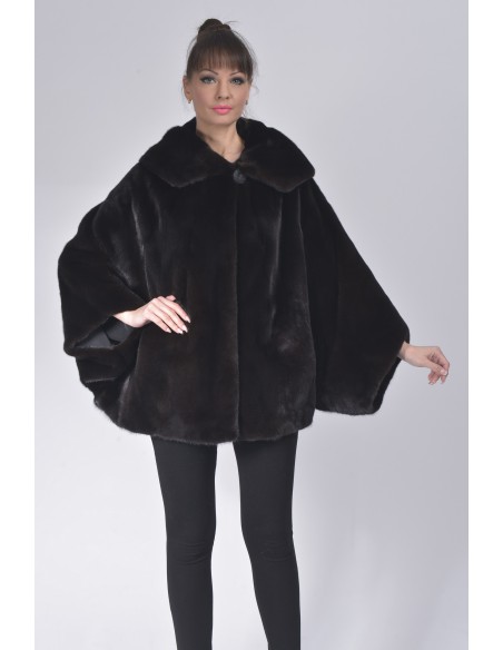 Oversized black mink jacket with hood front side