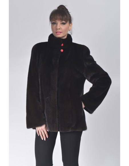 Black mink jacket with high fur collar front side