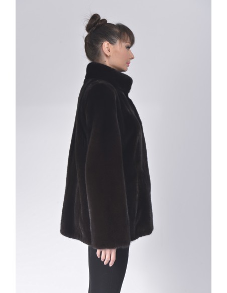 Black mink jacket with high fur collar right side