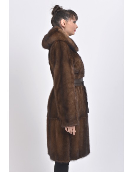 Brown mink coat with leather belt and hood right side