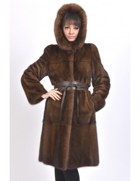 Brown mink coat with leather belt and hood front side