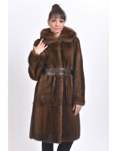 Brown mink coat with leather belt and hood front side