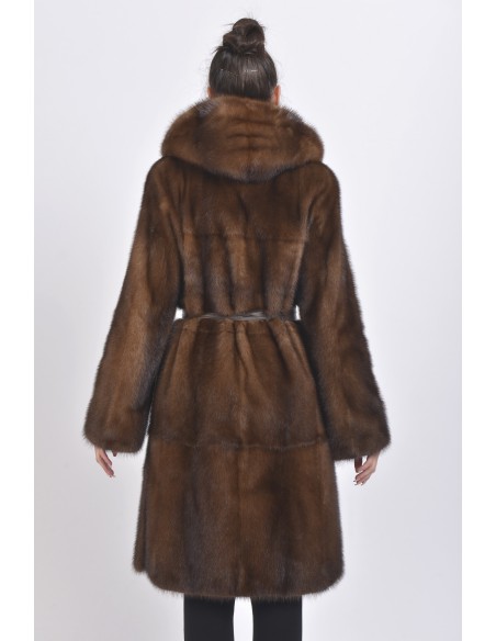 Brown mink coat with leather belt and hood back side