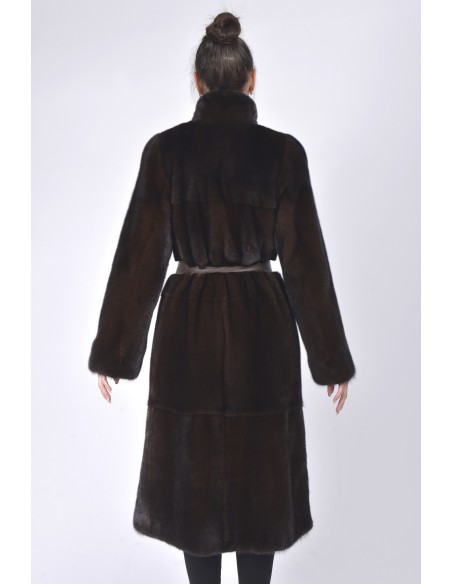 Long mahogany mink coat with leather belt back side