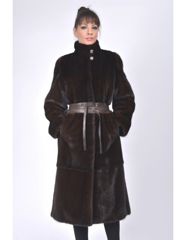 Long mahogany mink coat with leather belt front side