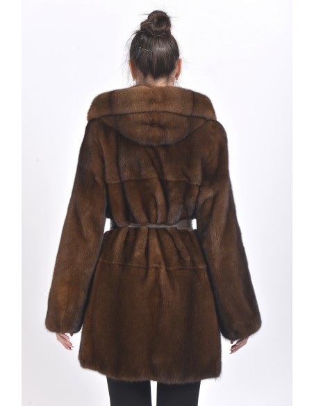 Short brown mink coat with hood back side