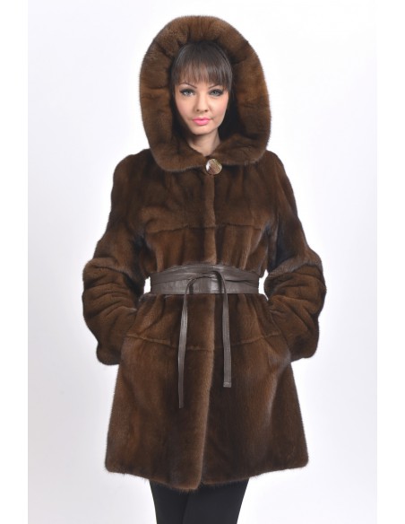 Short brown mink coat with hood front side