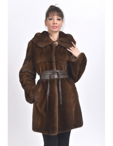 Short brown mink coat with hood front side