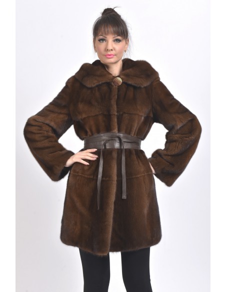 Short brown mink coat with hood front side