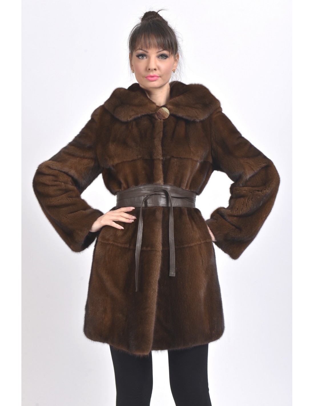 Short brown mink coat with hood - SaintGermain Furs