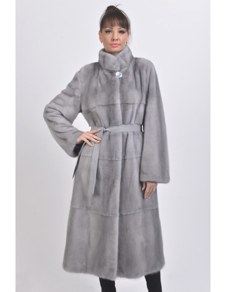 Blue-grey mink coat with leather belt front side