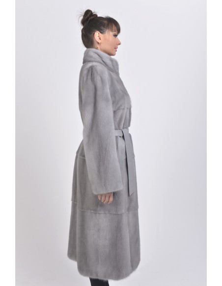 Blue-grey mink coat with leather belt right side