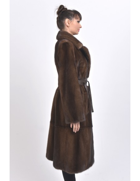 Long brown mink coat with leather belt right side