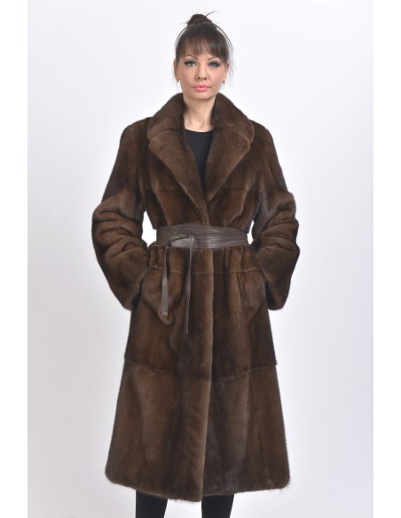 Long brown mink coat with leather belt front side