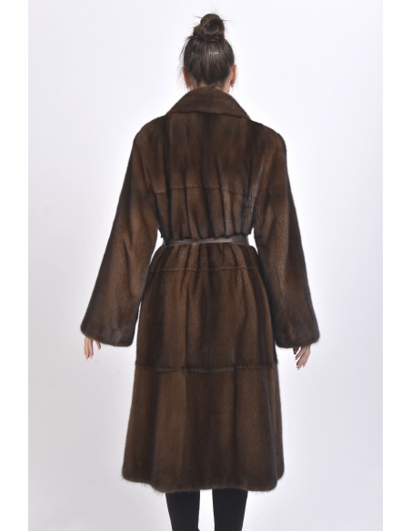 Long brown mink coat with leather belt back side