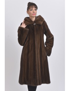 Long brown mink coat with hood front side