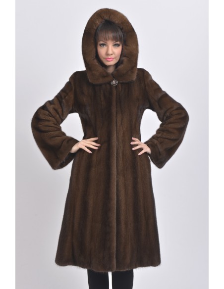 Long brown mink coat with hood front side