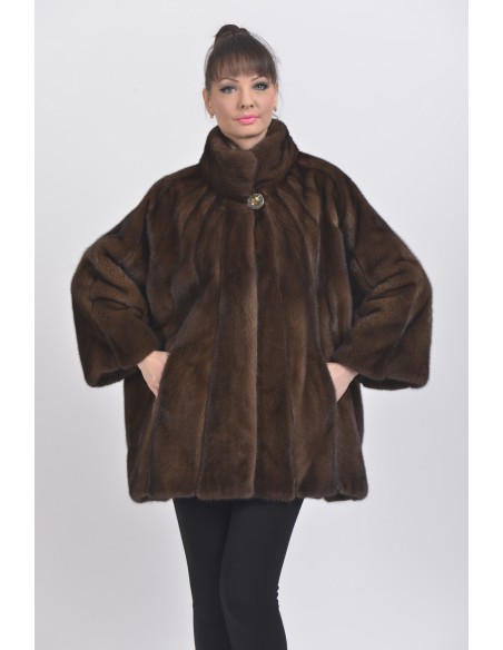 Oversized short  brown mink coat front side