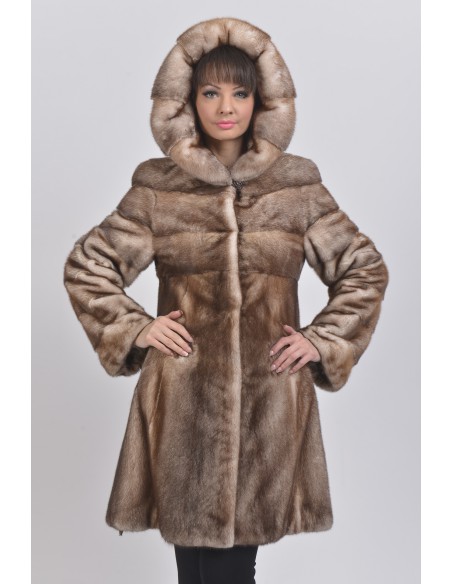 Gold white mink coat with hood front side