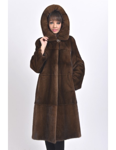 Long brown mink coat with hood front side