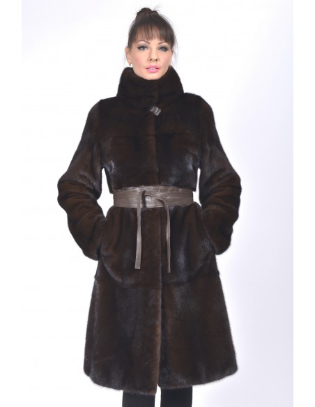 Long mahogany mink coat with leather belt front side