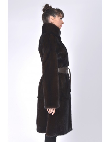 Long mahogany mink coat with leather belt right side