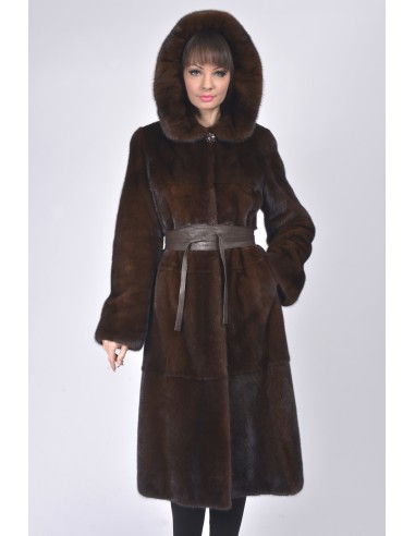 Long mahogany mink coat with hood and leather belt front side