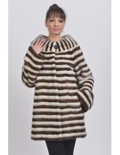 Short pearl white and brown mink coat front side