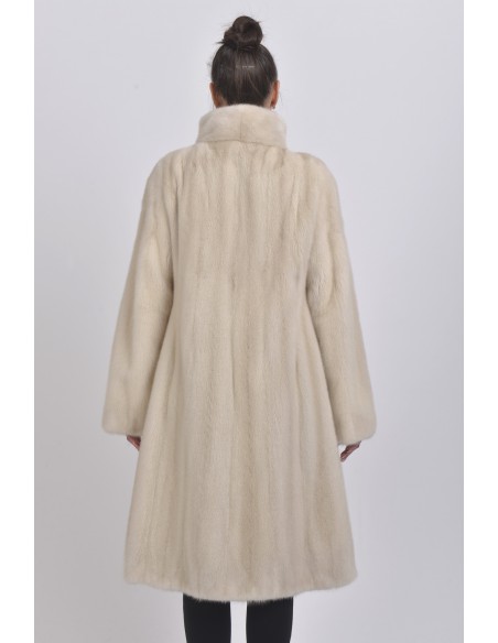 Pearl white mink coat with high fur collar back side