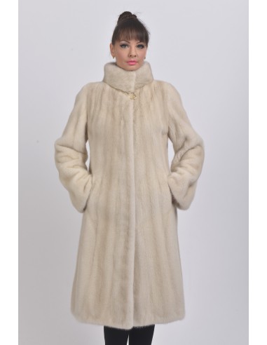 Pearl white mink coat with high fur collar front side