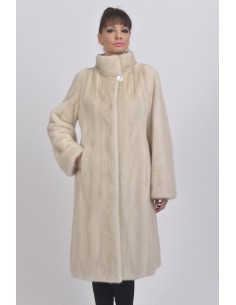Pearl white mink coat with high fur collar front side