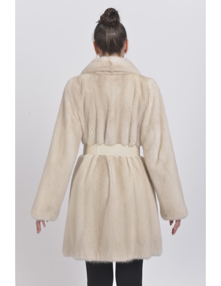 Pearl white mink coat with leather belt back side