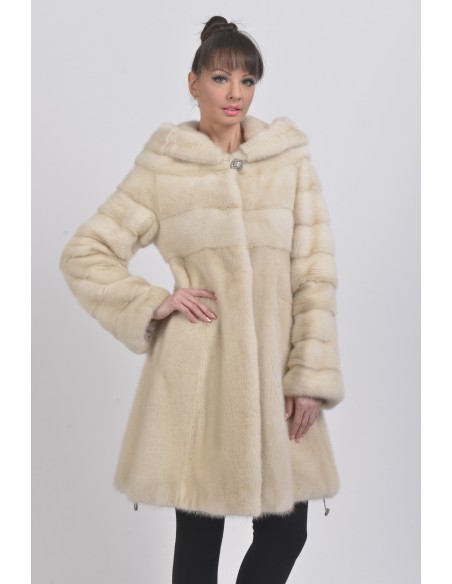 Pearl white mink coat with hood front side