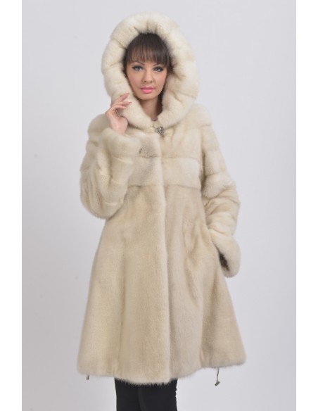 Pearl white mink coat with hood front side