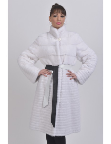 White mink coat with black and white belt front side