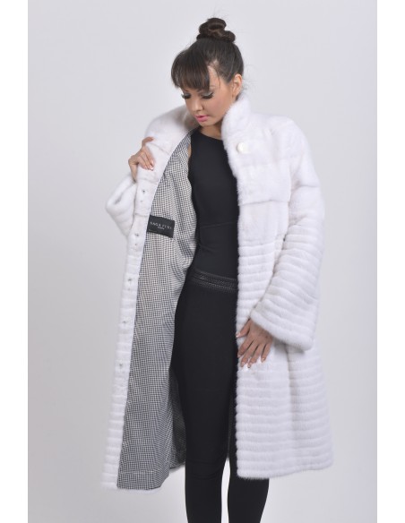 open white mink coat with black and white belt front side