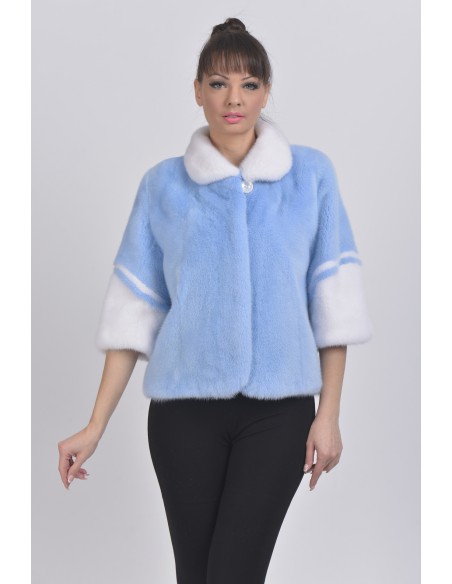Light blue and white mink jacket with 3/4 sleeves front side