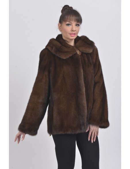 Brown mink fur jacket with hood front side