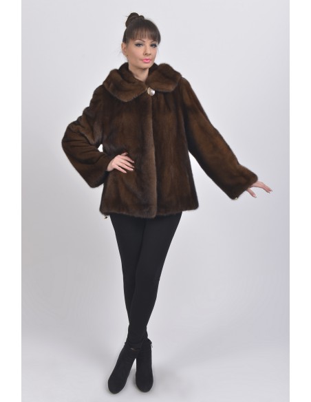 Brown mink fur jacket with hood front side