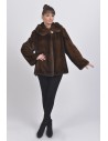 Brown mink fur jacket with hood front side