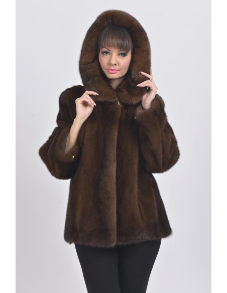 Brown mink fur jacket with hood front side