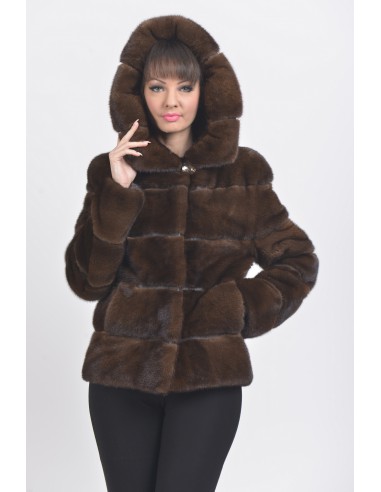 Brown mink jacket with hood front side