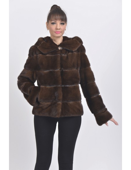 Brown mink jacket with hood front side