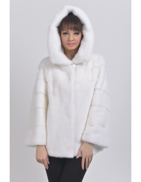 White mink jacket with hood front side