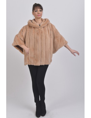 Oversized beige mink jacket with hood front side