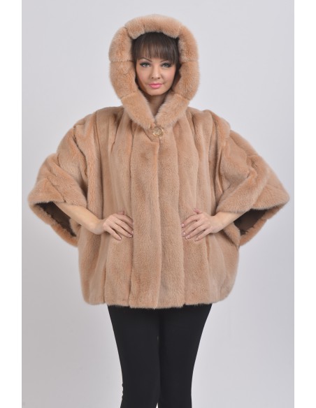 Oversized beige mink jacket with hood front side