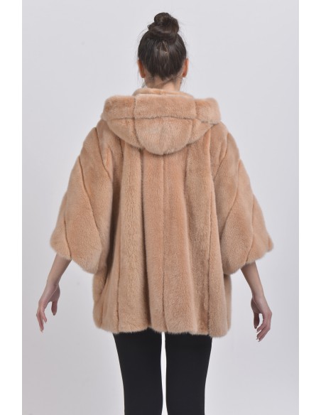 Oversized beige mink jacket with hood back side