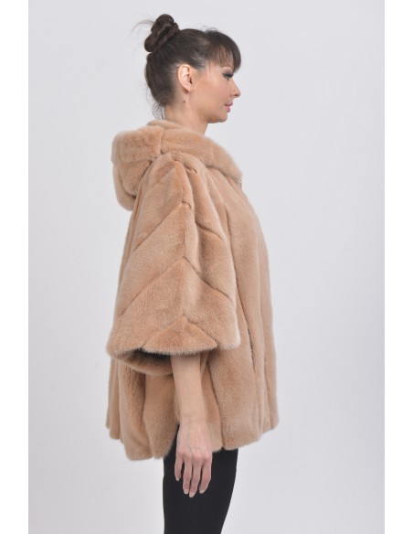 Oversized beige mink jacket with hood right side